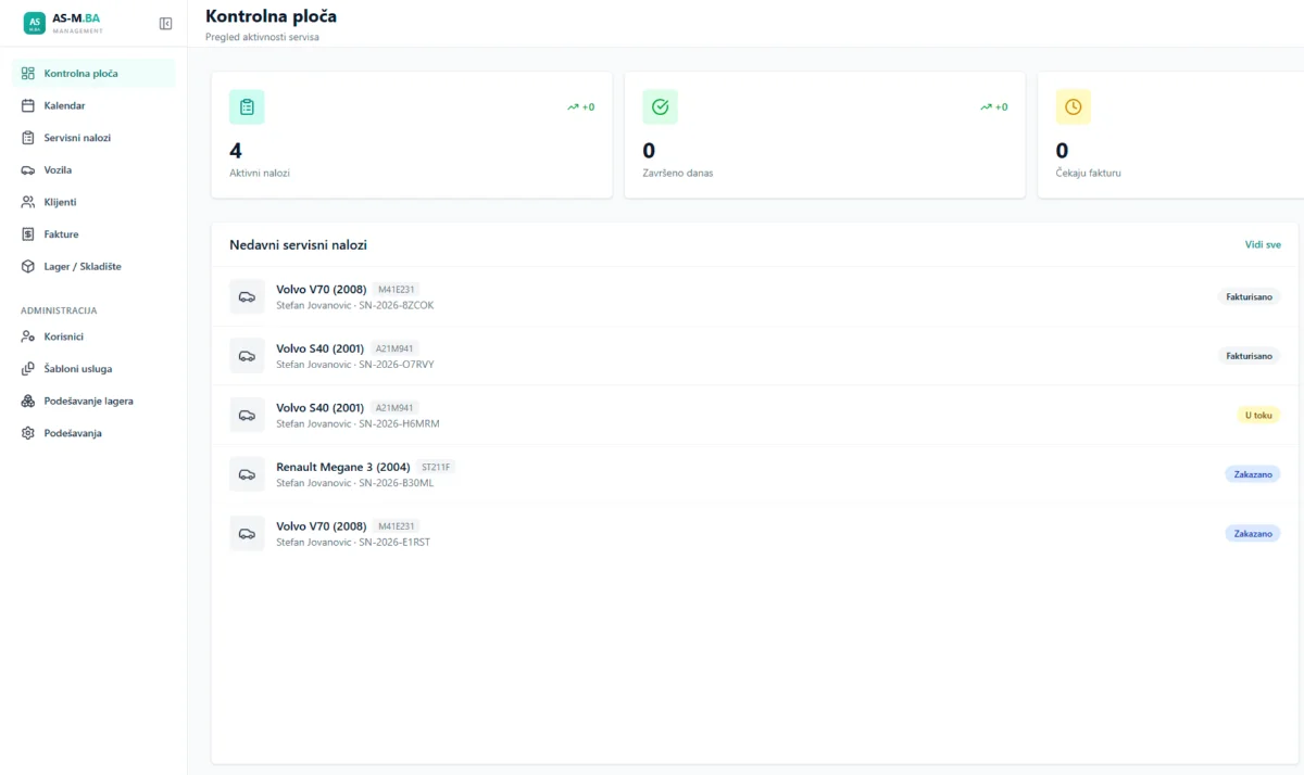 AS-M dashboard with active work orders and quick actions
